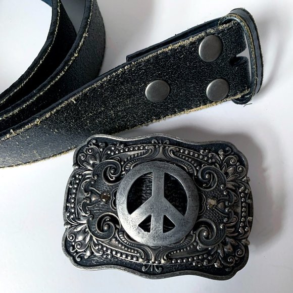 Handmade Peace Sign Metal Belt Buckle with Crystals & Detachable Distressed Belt - Picture 3 of 9